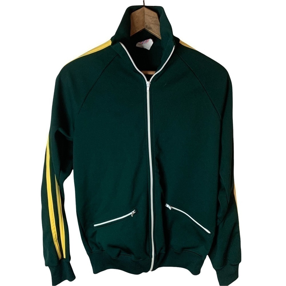 Sears Put On Shop Vintage Zip Front Track Jacket Green Yellow Stripes 1970’s